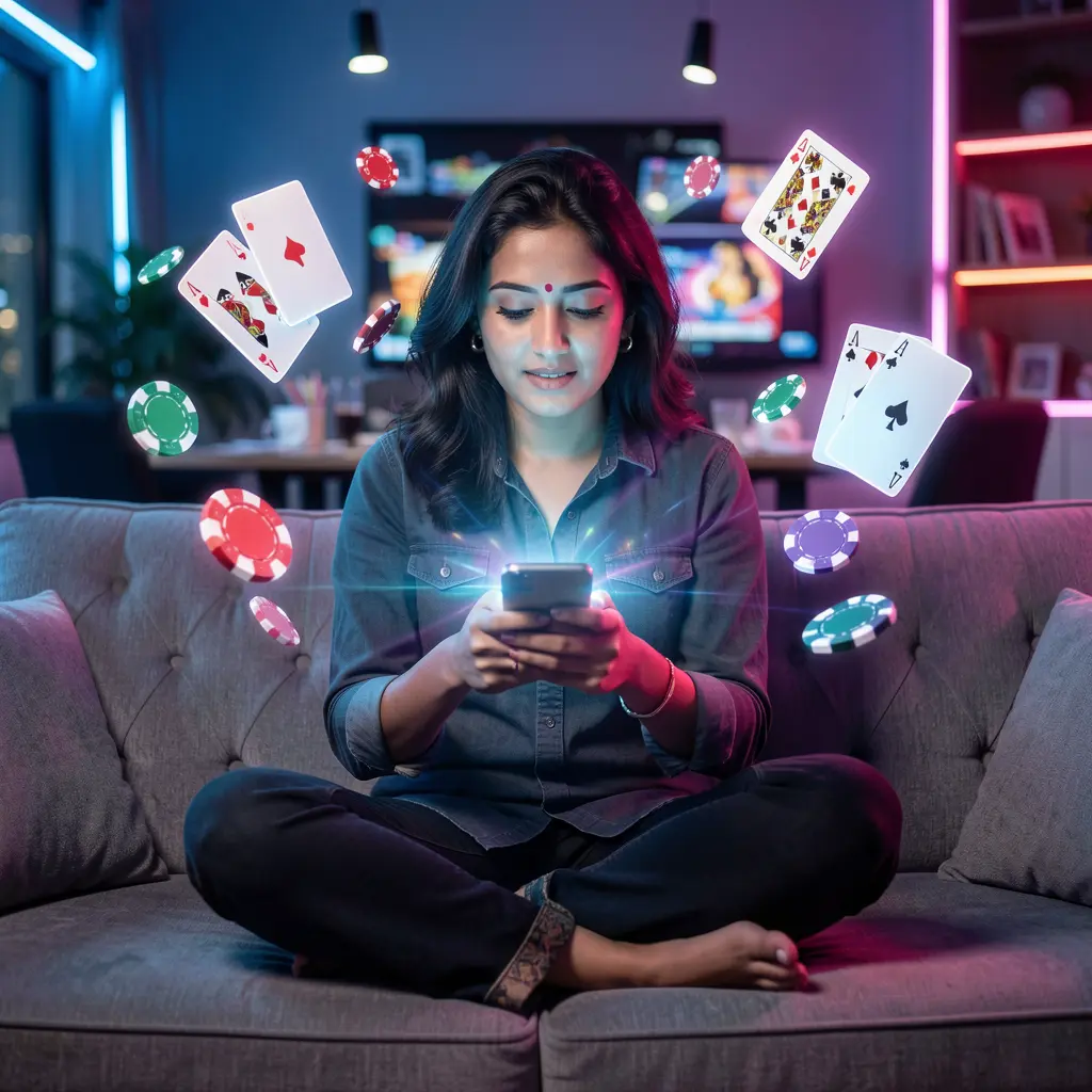 Bangladeshi woman relaxing on a sofa while using the AAAGO casino app as colorful chips and cards float around her in a neon scene