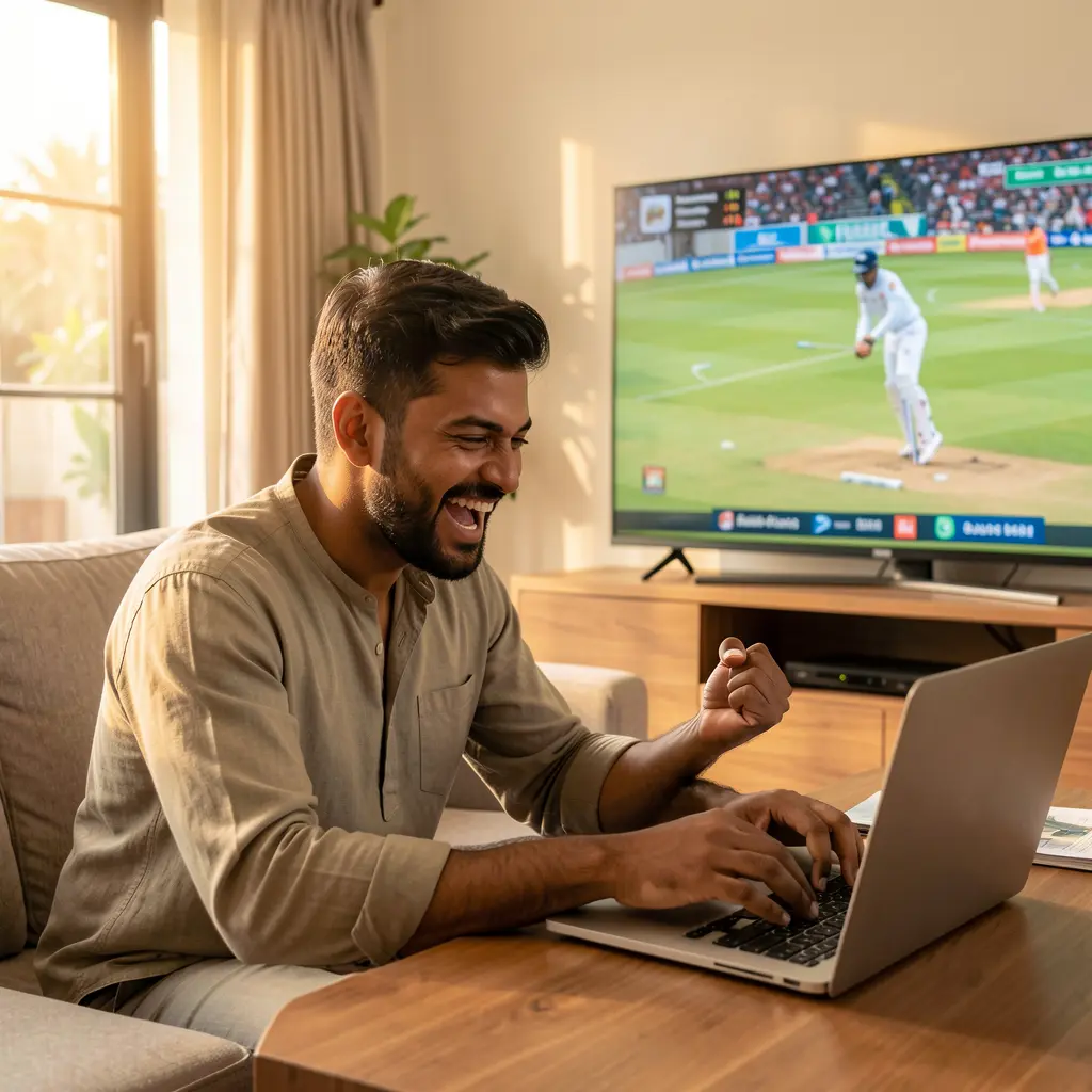 Happy Bangladeshi sports bettor celebrating a winning moment while placing online bets on a laptop during a live cricket match using AAAGO