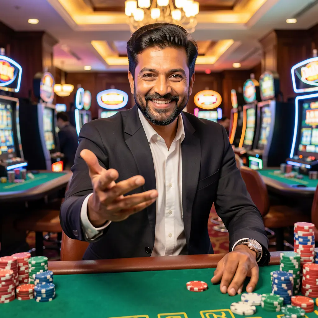 Smiling Bangladeshi live casino dealer reaching out with poker chips floating around representing premium AAAGO casino entertainment
